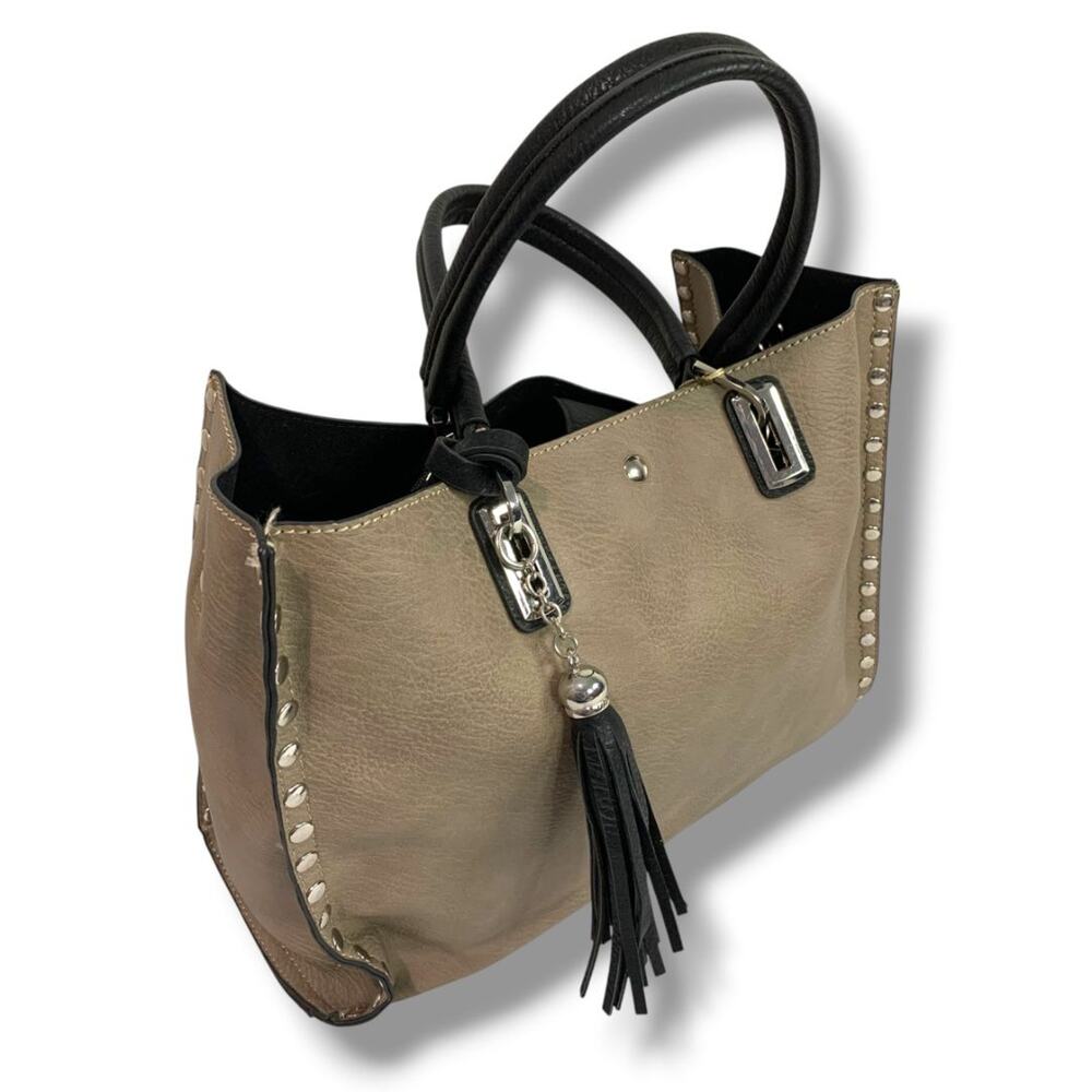 Crocs Imitation Leather New 3 in 1 Tote Bag Purse Taupe Rivets Tassel
